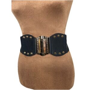 Women Wide Elastic Black Corset Belt Gold Metal Buckle Spikes Studded Size S-28"
